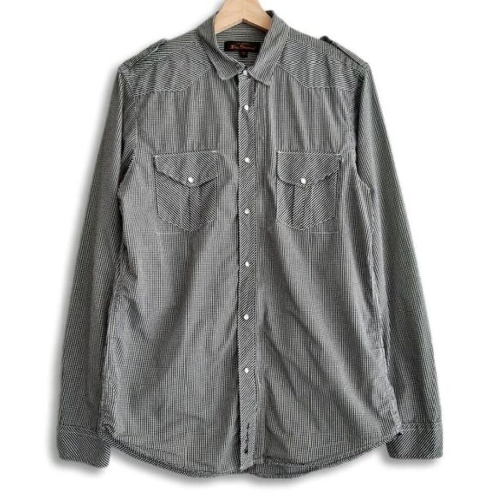 BEN SHERMAN 100% Cotton Pearl Snap Button Western Gingham Shirt B&W Men's Sz M
